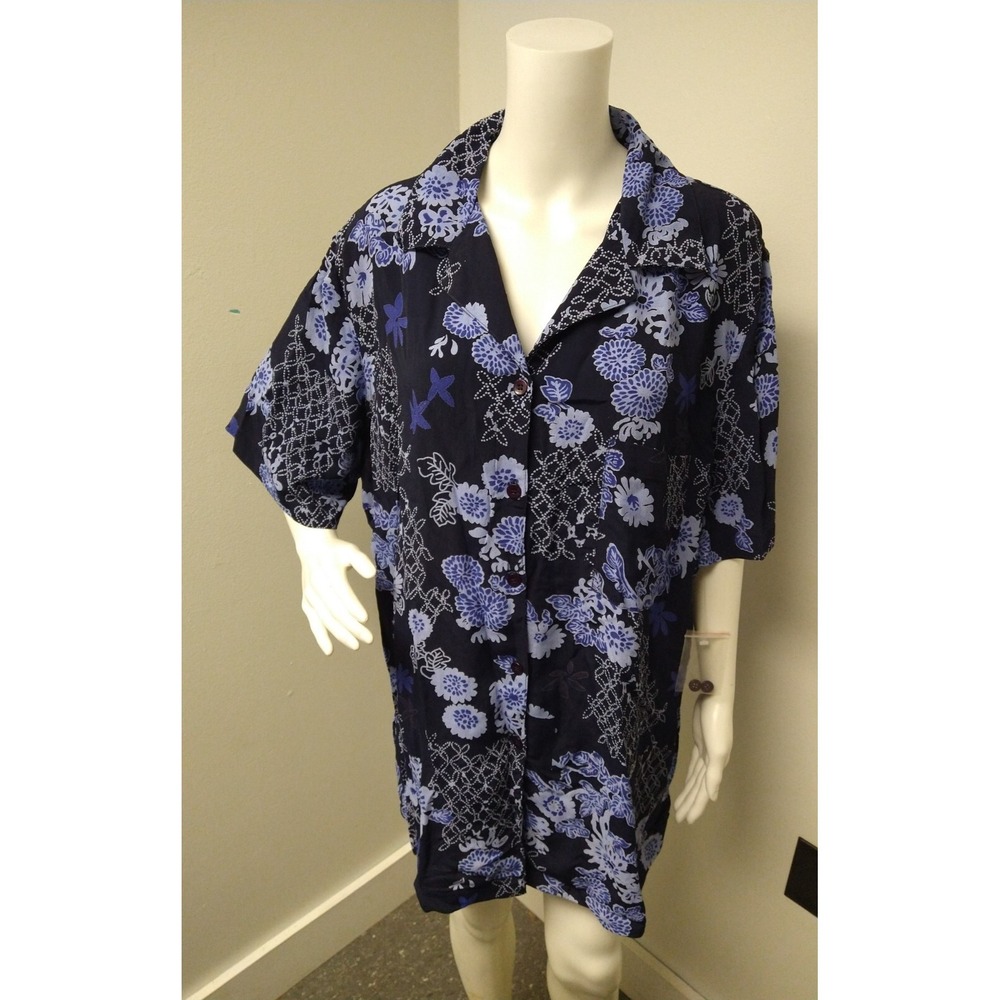 JM Collection Blue Floral Print Button Down Top Blouse 2X Rayon Pocket Casual